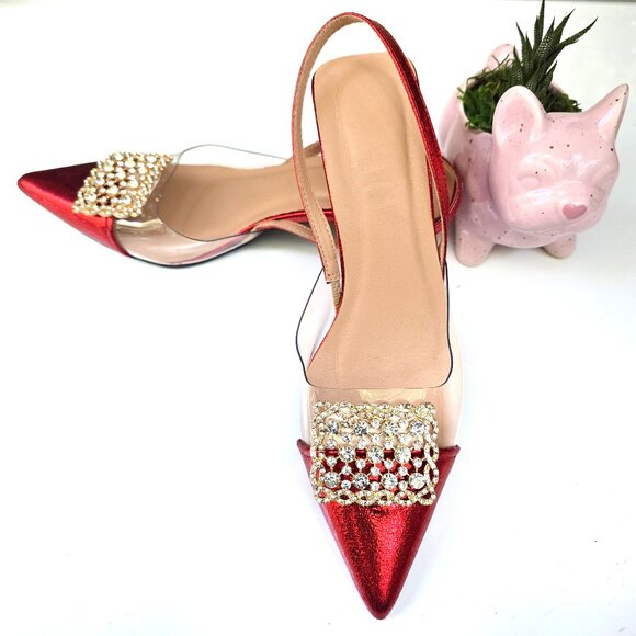 ONE INCH GLAM RED SLINGBACK FLATS WITH CRYSTAL BUCKLE- SIZE 8 - Picture 1 of 6